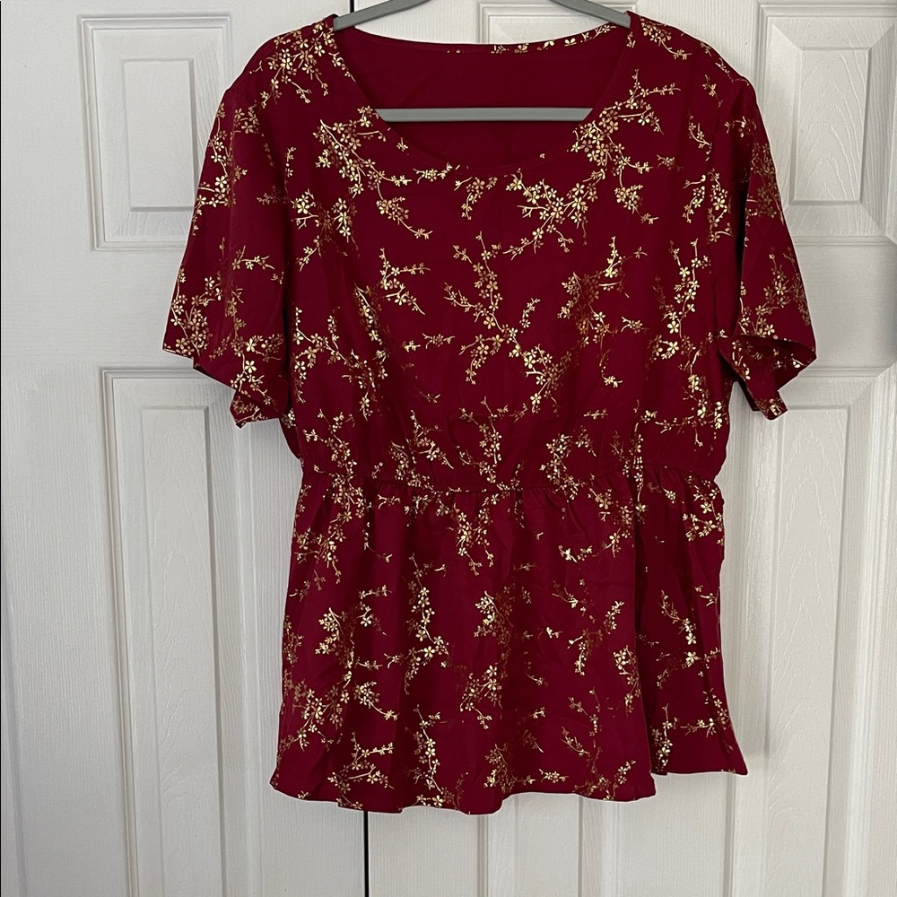 SHEIN Burgundy Floral Blouse with Gold Accents